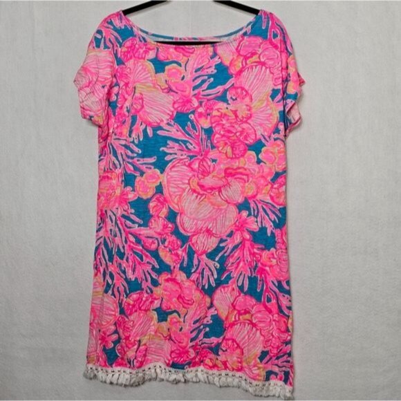 Lilly Pulitzer Neon Pink Coral Floral Print Fringe Hem Mini T-Shirt Dress Small - Picture 6 of 6
